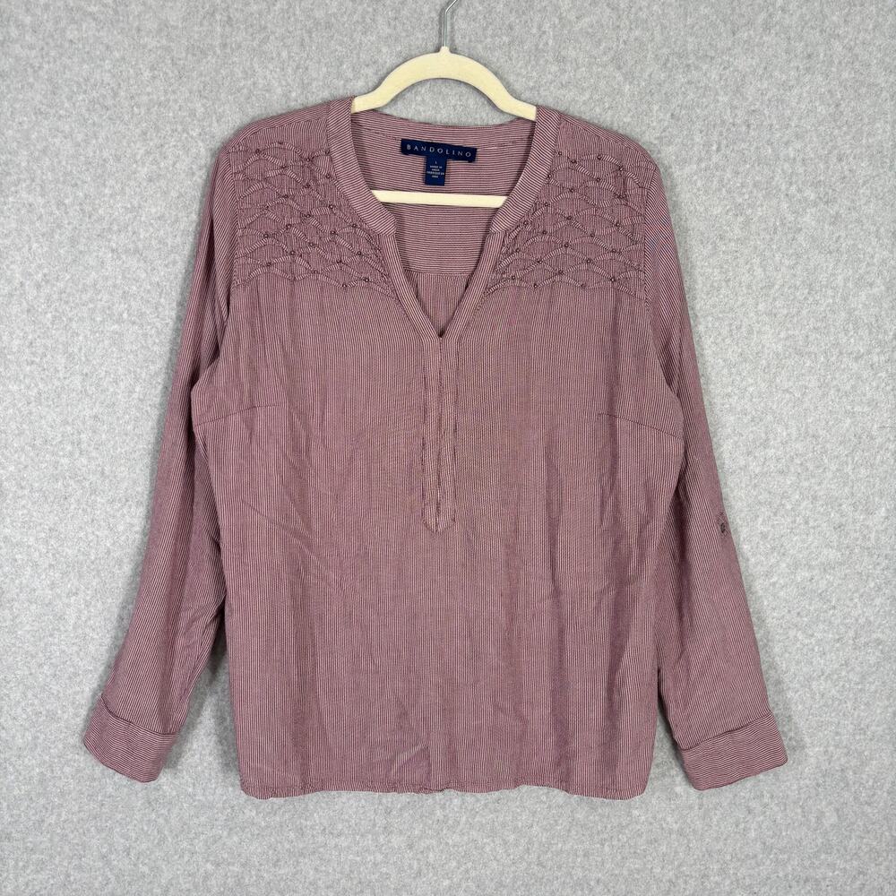 Bandolino Blouse Womens Large‎ Pink Striped Beaded Popover Tunic Long Sleeve